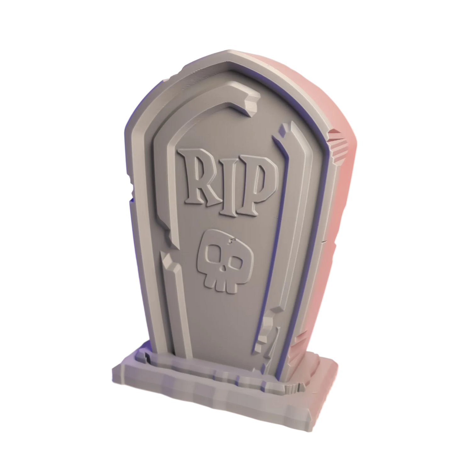 Gray tombstone with 'RIP' and skull design on a gradient background