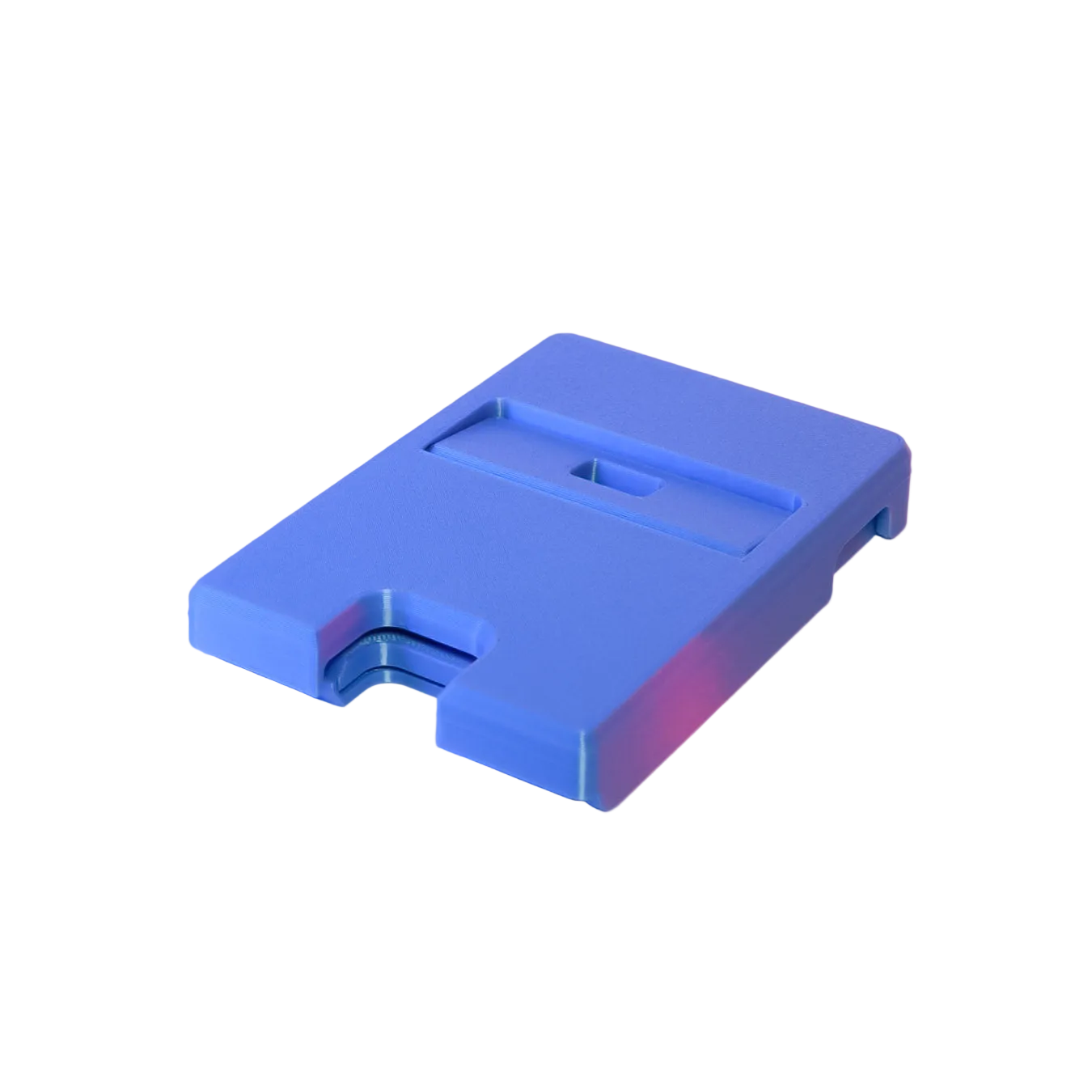 Blue plastic component on a gradient purple to pink background