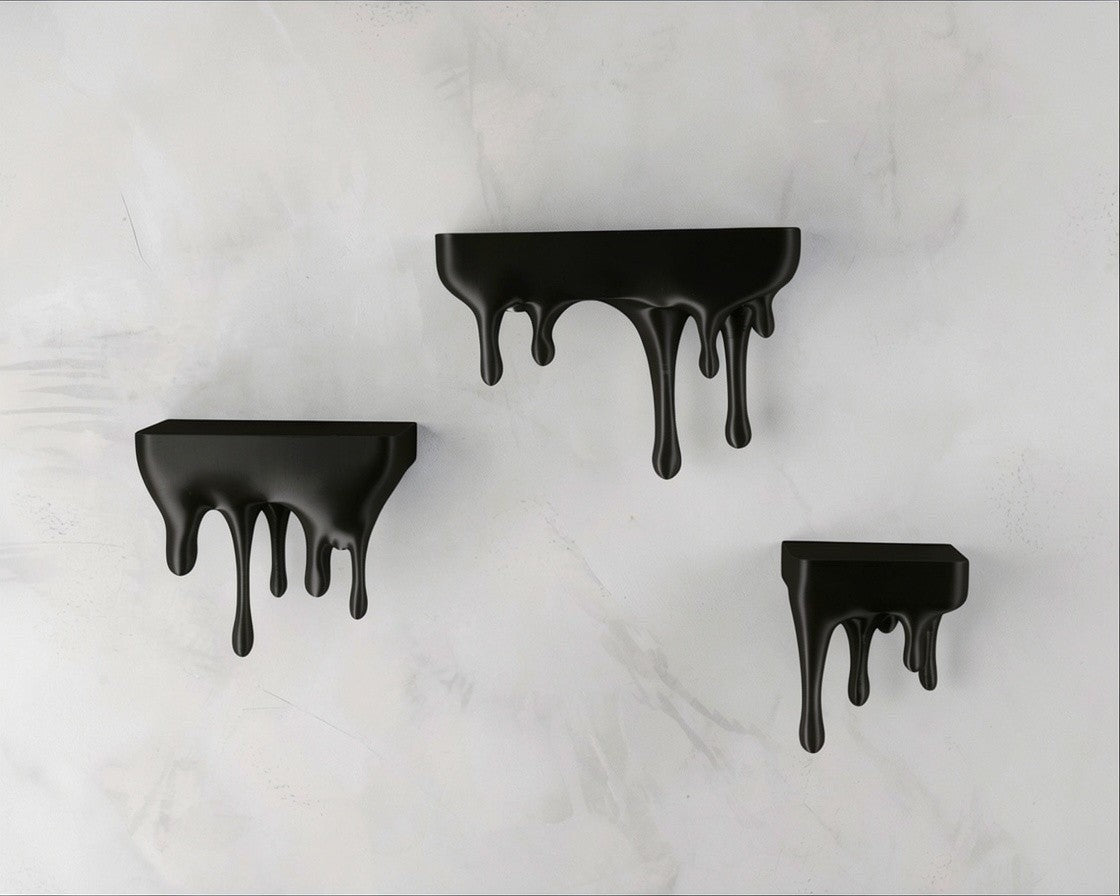 MJR Crafted black 3D printed melting shelf with a unique dripping design, perfect for modern decor.
