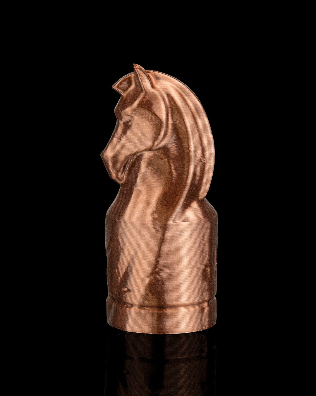 MJR Crafted copper 3D printed chess knight piece with detailed mane and base.