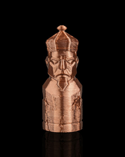 MJR Crafted copper-colored 3D printed chess bishop piece with a crown and detailed face, on a black background.