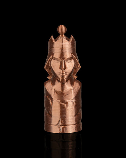 MJR Crafted copper-colored 3D printed chess king piece with crown and detailed face, on a black background.