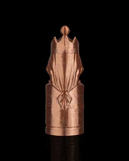 MJR Crafted copper-colored 3D printed queen chess piece with crown and detailed robe design.