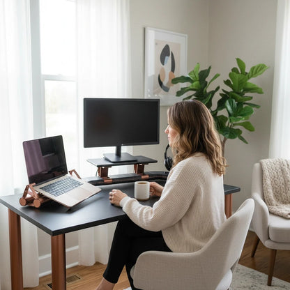 MJR Crafted Focus Desk Hub with monitor stand and laptop holder in gray and bronze on a modern home office desk.