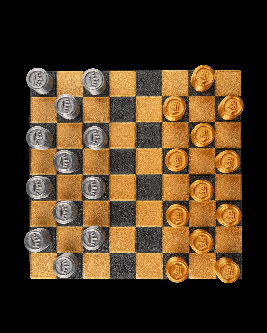 MJR Crafted fold-up checkers set with gold and silver pieces on a black and gold board. 3D printed for durability.