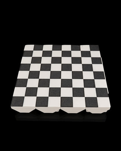 MJR Crafted black and white 3D printed fold-up chess board with integrated storage. Durable and portable.