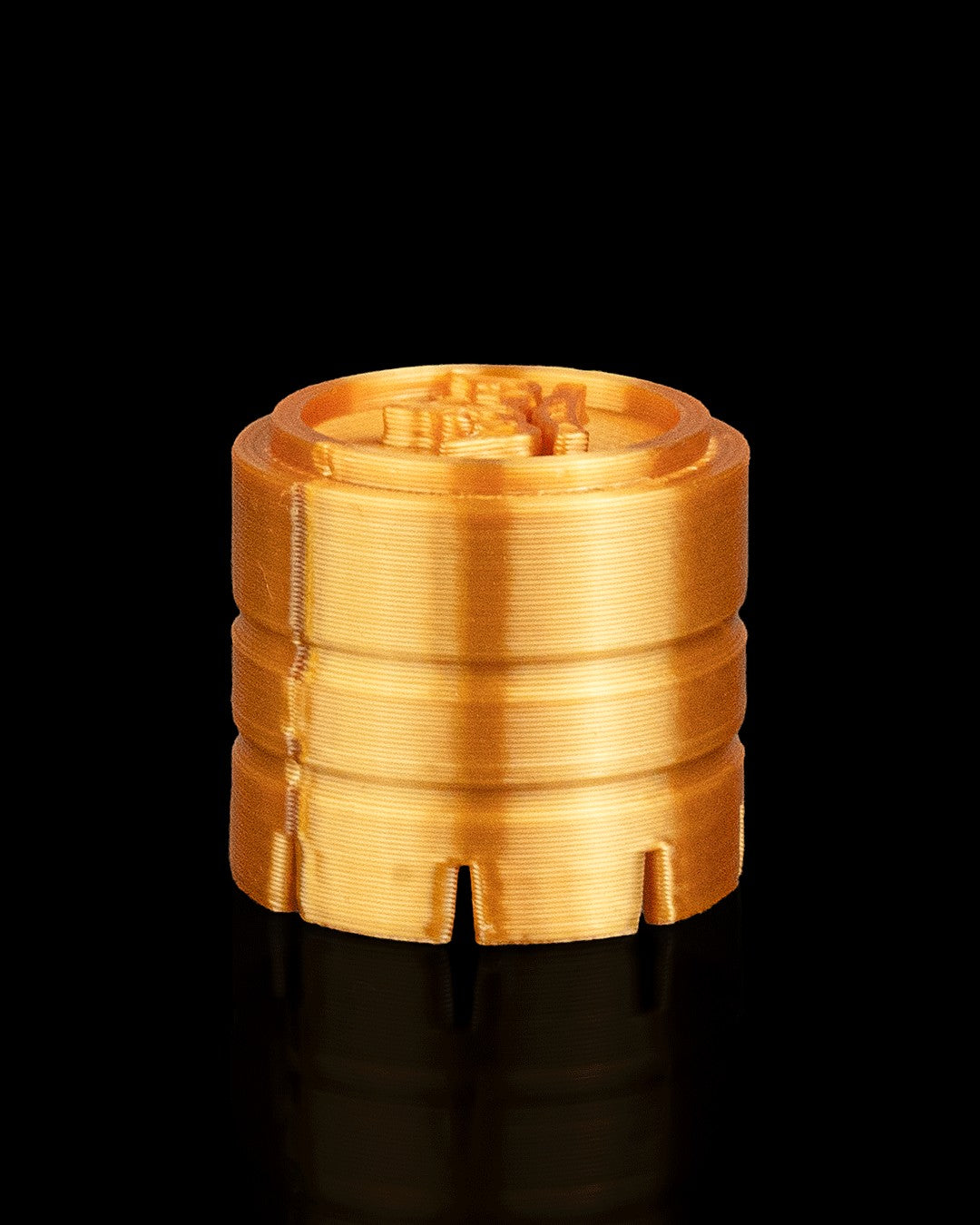 MJR Crafted gold 3D printed checkers piece with engraved logo on top, designed for travel.