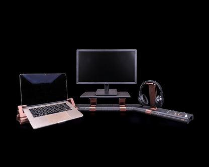 MJR Crafted Focus Desk Hub modular organizer in gray with bronze accents featuring a monitor stand and laptop holder.
