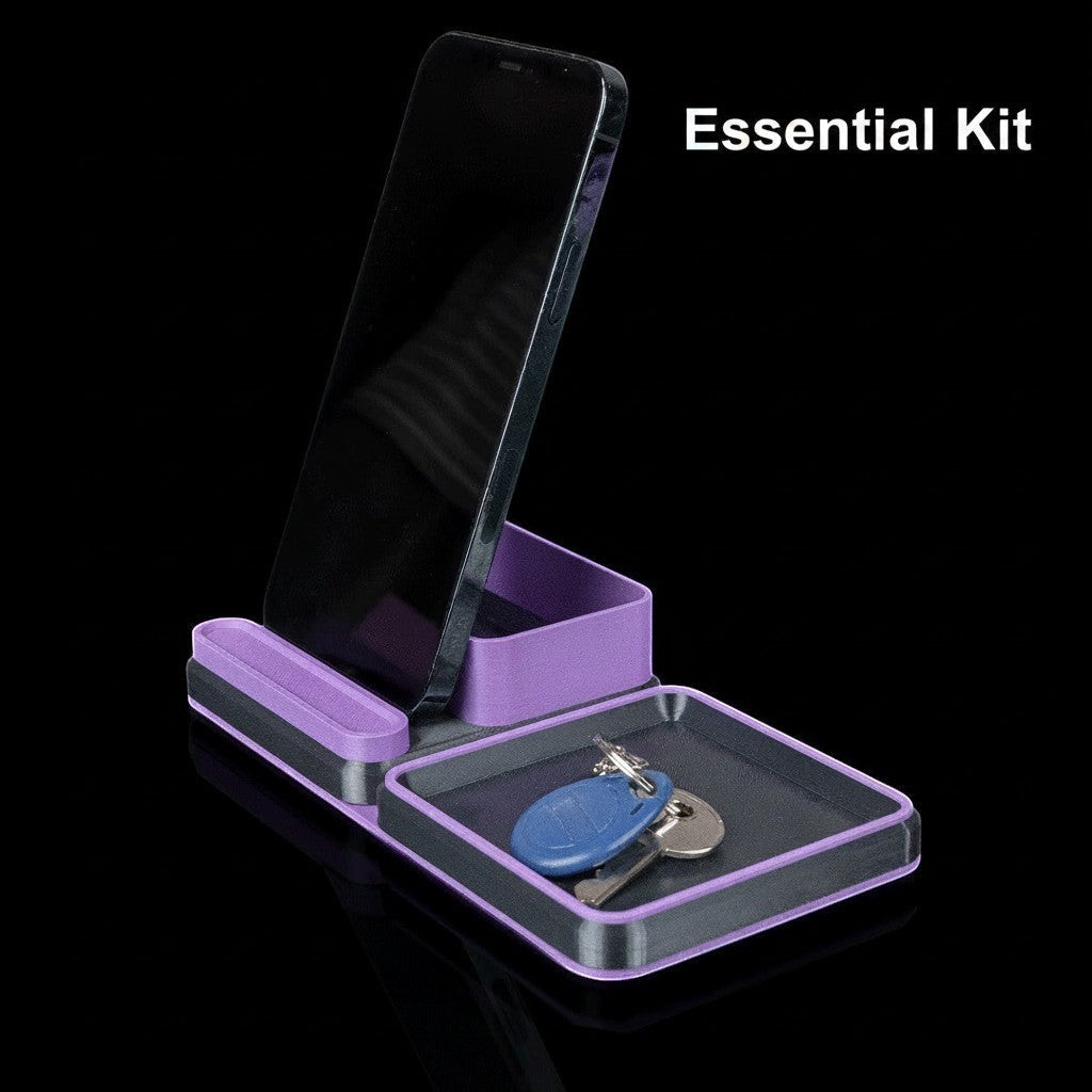 MJR Crafted modular desk organizer in purple and grey, holding a smartphone and keys.