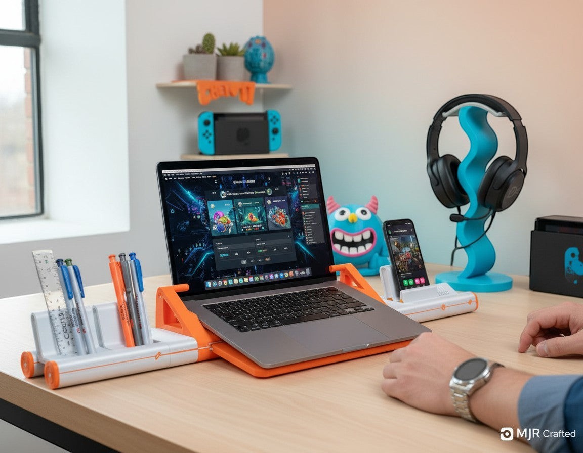 MJR Crafted modular desktop organizer with laptop stand, smartphone holder, and pen storage on a wooden desk.
