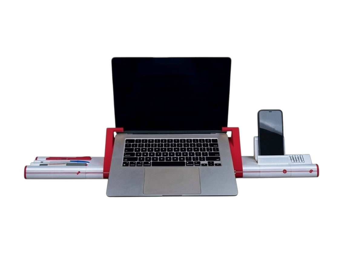MJR Crafted modular desktop organizer with laptop stand, smartphone holder, and pen storage in silver and red.