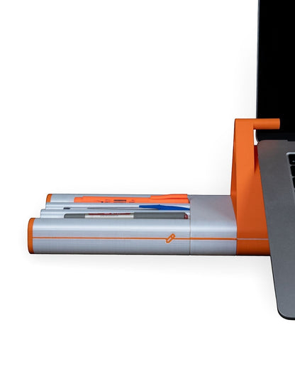 MJR Crafted modular desktop organizer in orange and grey with a laptop stand, pen holder, and smartphone dock.