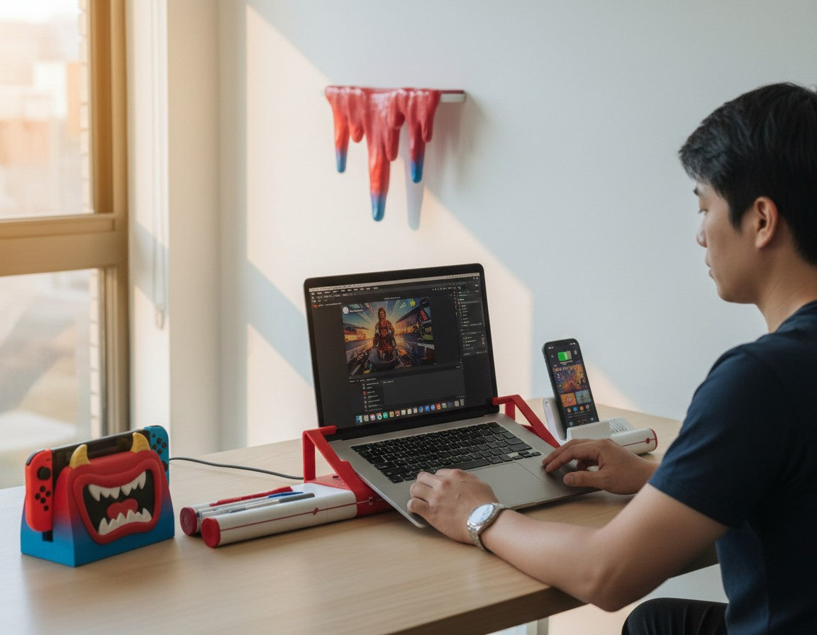 MJR Crafted modular desktop organizer with laptop stand, phone holder, and pen storage on a wooden desk.