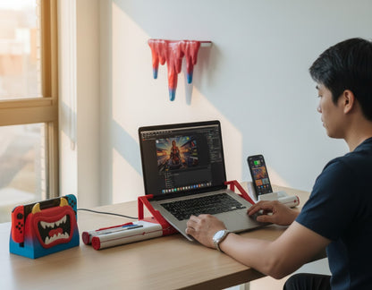 MJR Crafted modular desktop organizer with laptop stand, phone holder, and pen storage on a wooden desk.