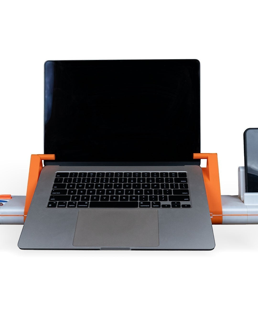 MJR Crafted modular desk organizer with orange laptop stand, smartphone holder, and pen storage for home office.