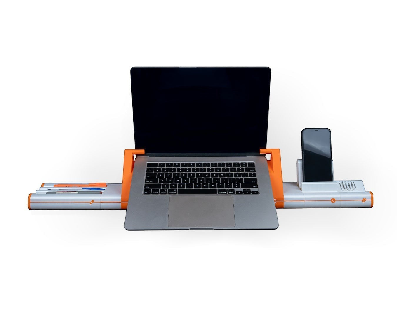 MJR Crafted modular desktop organizer with laptop stand, smartphone holder, and pen storage in grey and orange.