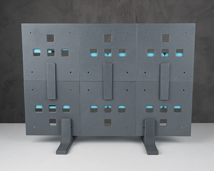 MJR Crafted modular organizer system in dark grey with blue accents, featuring a configurable design for desks and walls.