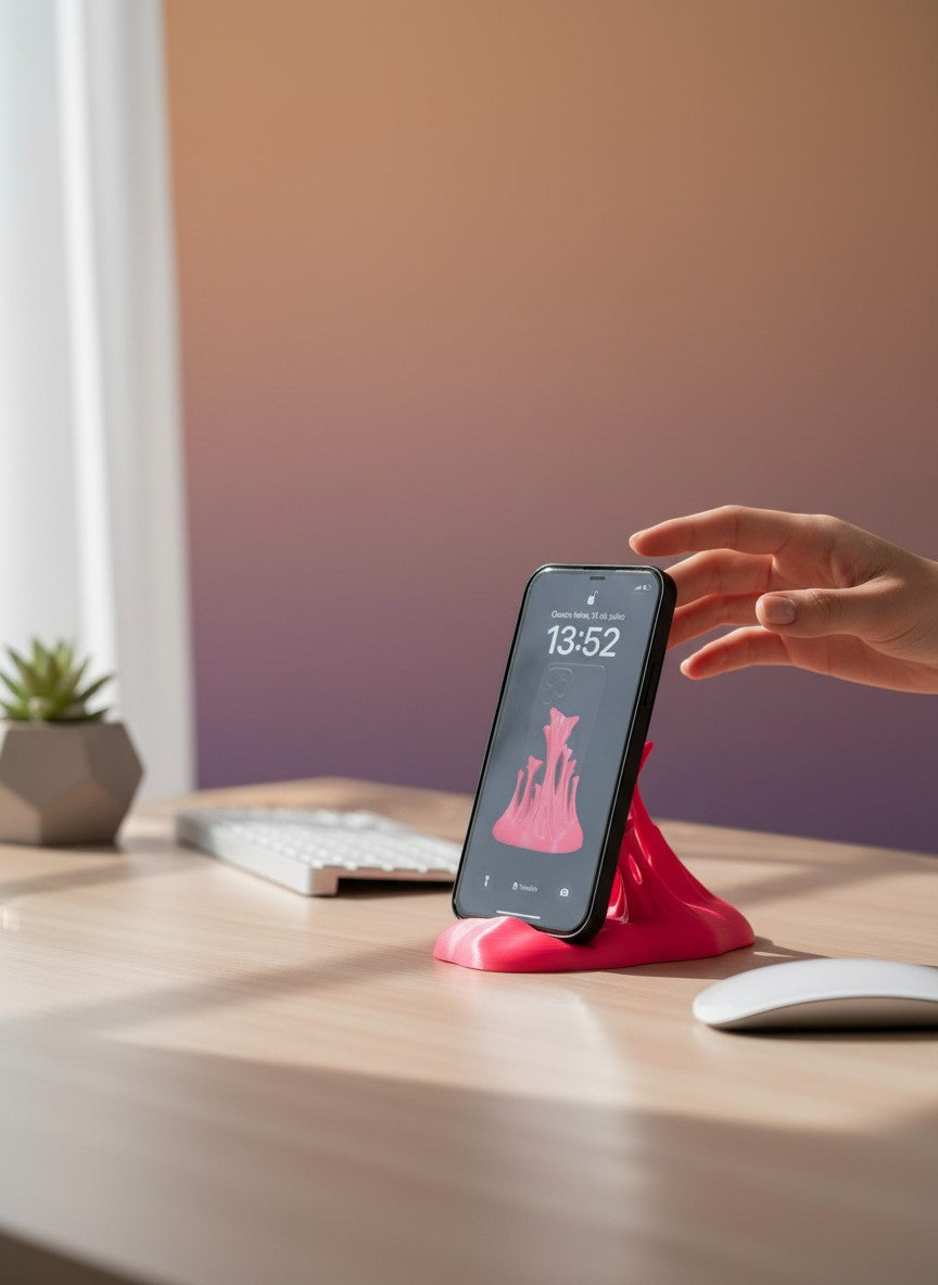 MJR Crafted pink 3D printed sculptural wave cell phone stand holding a smartphone on a desk.