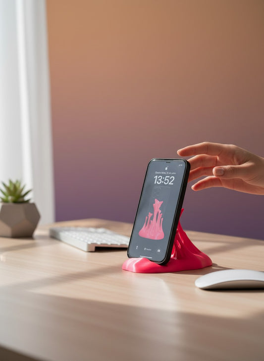 MJR Crafted pink 3D printed sculptural wave cell phone stand holding a smartphone on a desk.