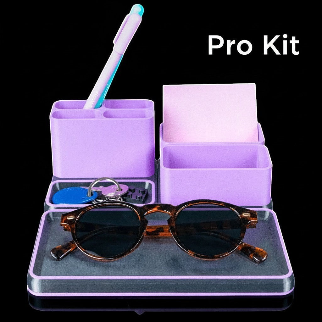 MJR Crafted Pro Kit modular desk organizer in lavender, holding a pen, sticky notes, keys, and sunglasses.