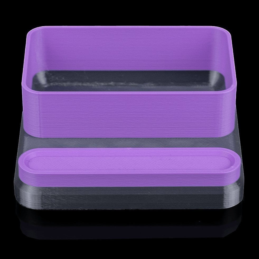 MJR Crafted modular desk organizer system in purple and grey, featuring a phone stand and tray.