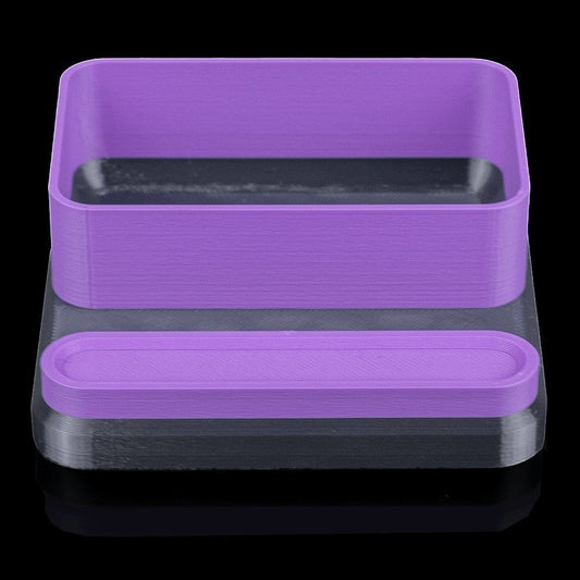 MJR Crafted modular desk organizer system in purple and grey, featuring a phone stand and tray.
