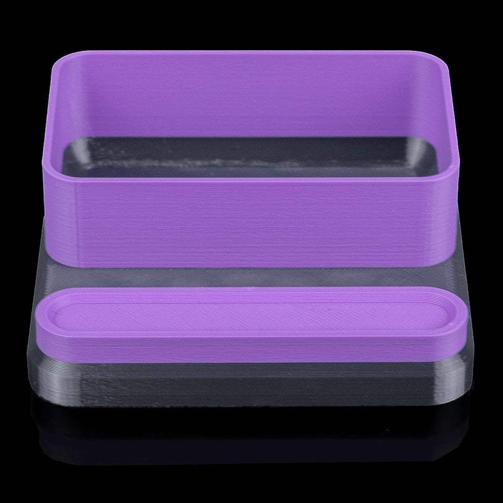 MJR Crafted modular desk organizer system in purple and grey, featuring a phone stand and tray.
