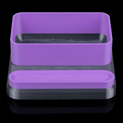 MJR Crafted modular desk organizer system in purple and grey, featuring a phone stand and tray.