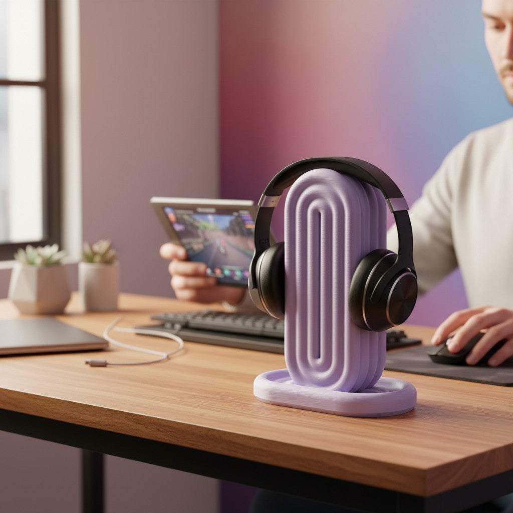 MJR Crafted pastel purple ribbed headphone stand with black headphones on a wooden desk.