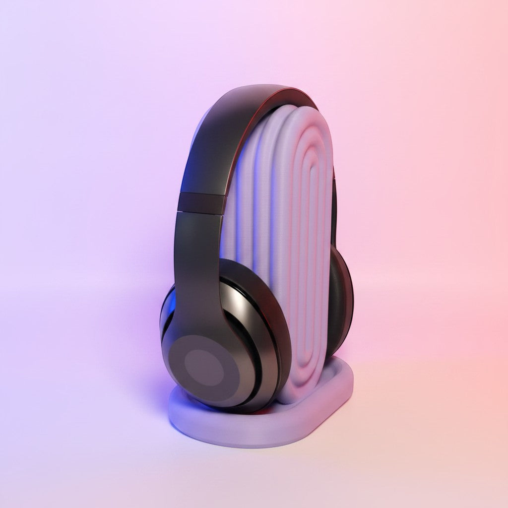 MJR Crafted rainbow headphone holder with a modern, curved design and pastel gradient background.