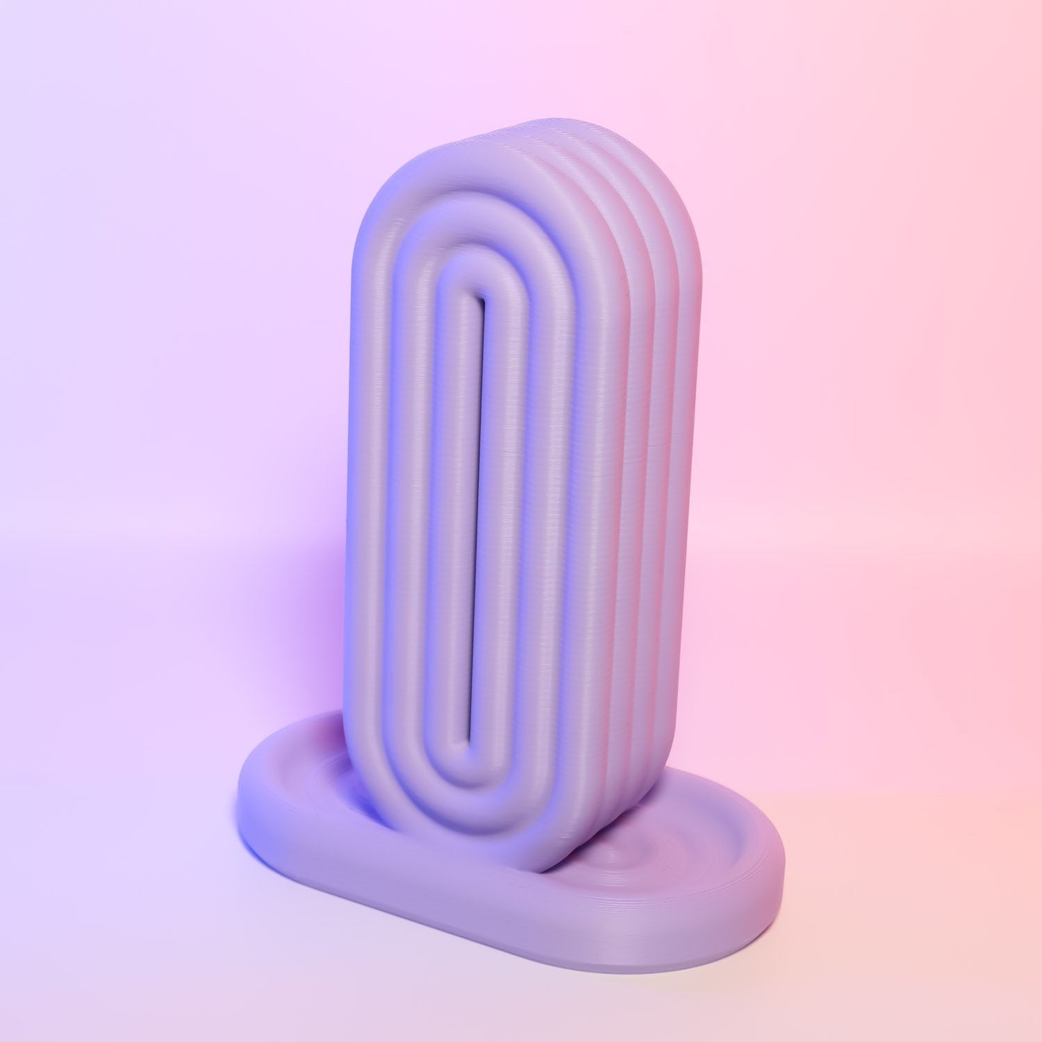 MJR Crafted rainbow headphone holder with layered curves in pastel purple and pink gradient.