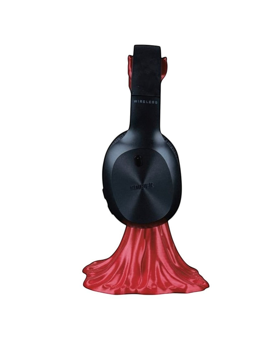 MJR Crafted Stick to the Beat headphone stand in glossy red with a unique drumstick-inspired base holding headphones.