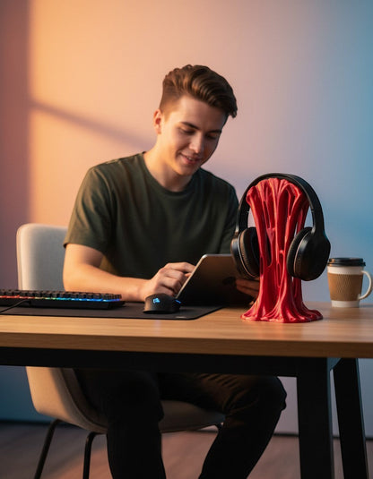 MJR Crafted red drumstick-inspired headphone stand on a desk next to a man using a tablet in a modern workspace.