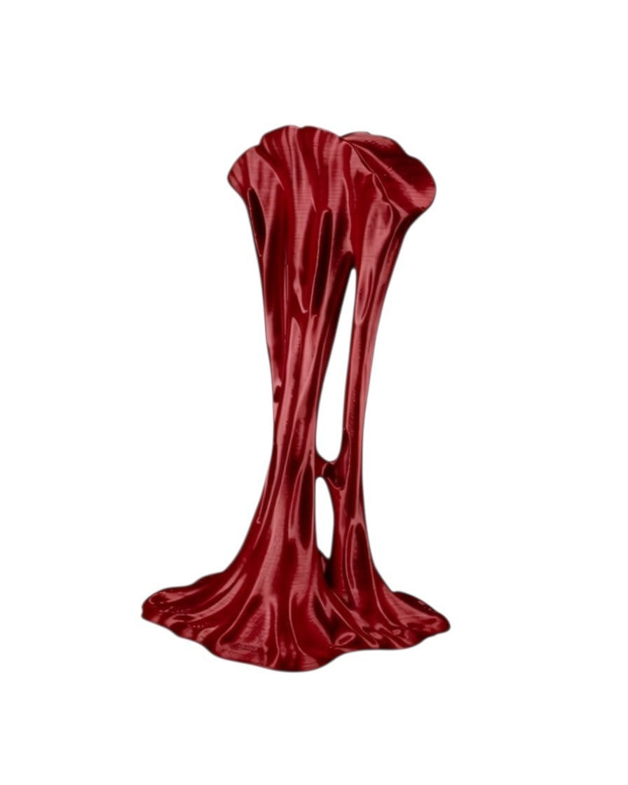 MJR Crafted red 3D printed headphone stand with a unique, fluid, drumstick-inspired design for desk organization.