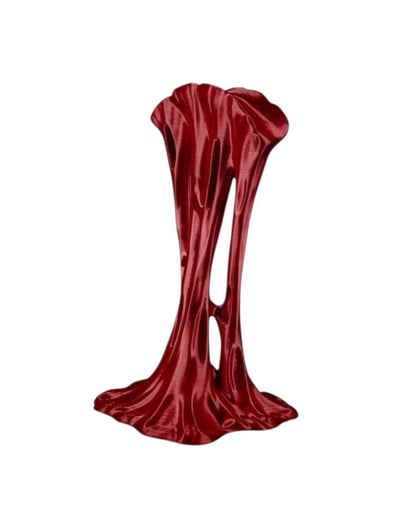 MJR Crafted red 3D printed headphone stand with a unique, fluid, drumstick-inspired design for desk organization.