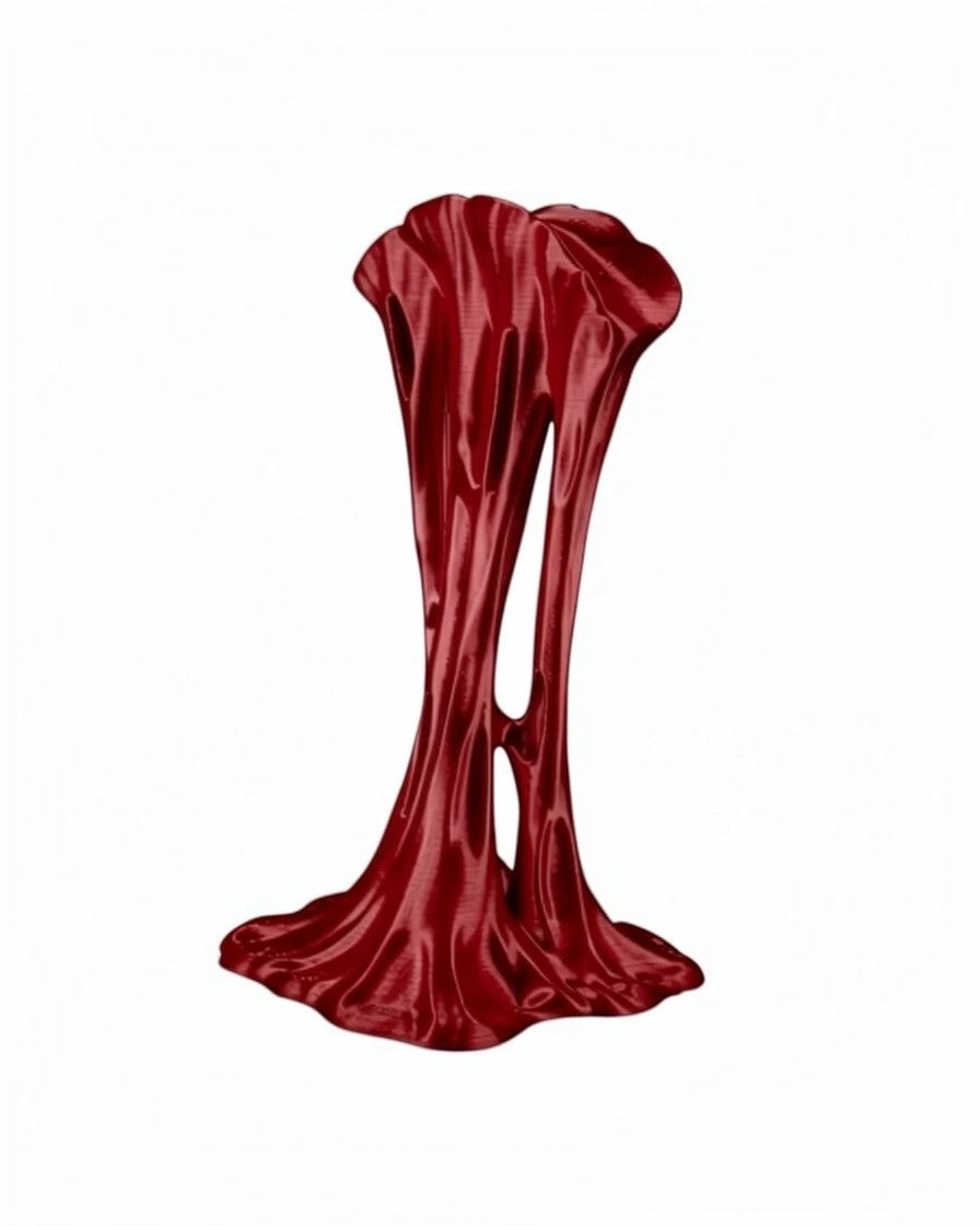 MJR Crafted red sticky headphone stand with a unique drumstick-inspired design for desk organization.