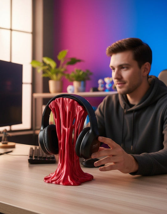 MJR Crafted red sticky headphone stand on a desk with a man adjusting his headphones in a modern workspace.