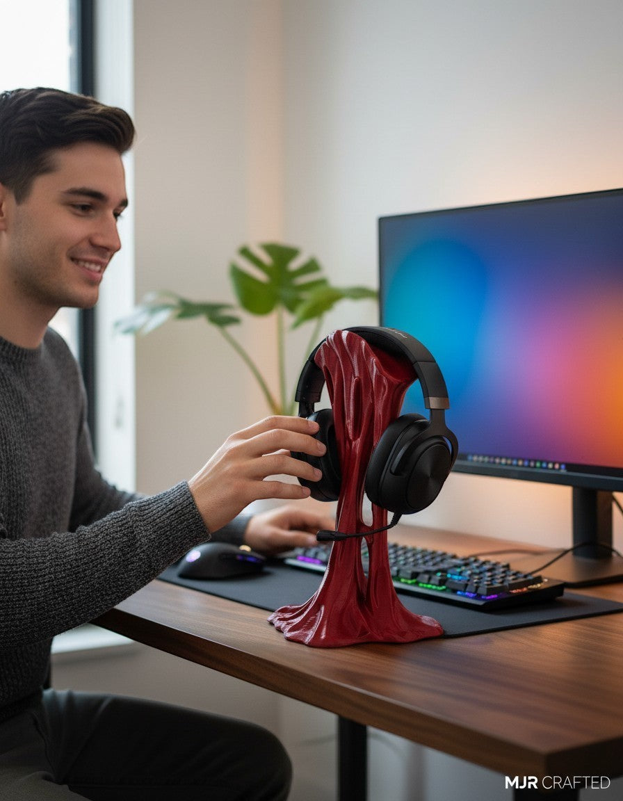 MJR Crafted red sticky-style headphone stand holding black headphones on a desk with a man reaching for them