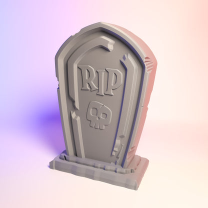 MJR Crafted grey tombstone headphone stand with RIP and skull engraving, 3D printed for desk organization.
