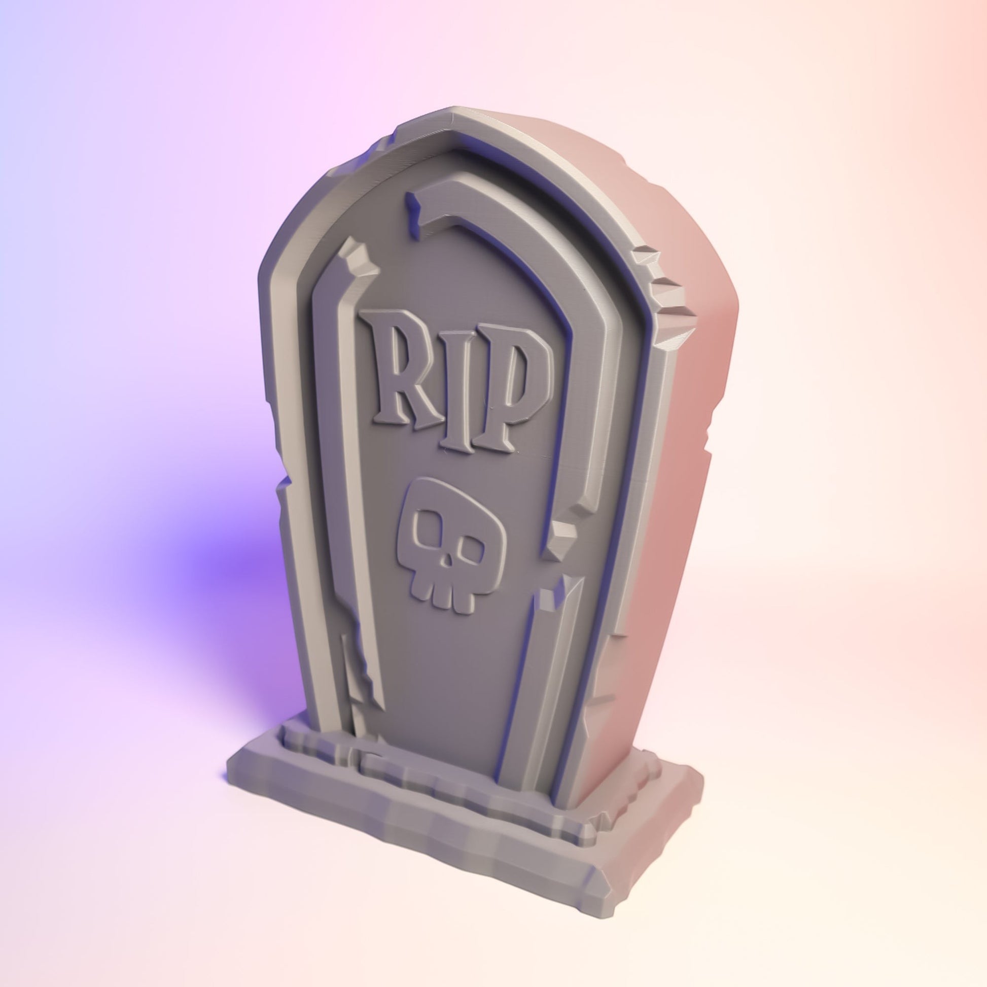 MJR Crafted grey tombstone headphone stand with RIP and skull design, 3D printed