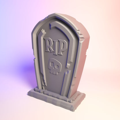 MJR Crafted grey tombstone headphone stand with RIP and skull design, 3D printed