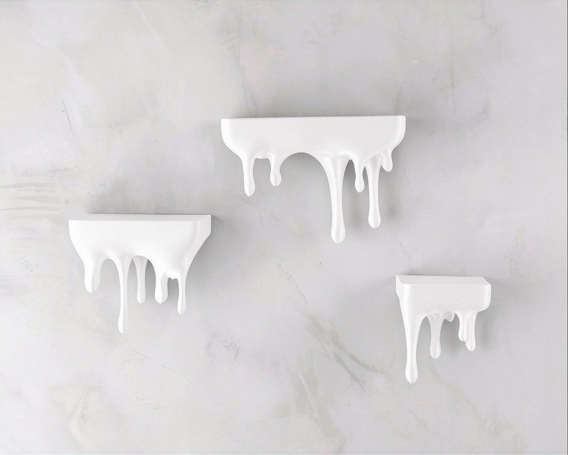 MJR Crafted white 3D printed melting shelf with dripping effect, modern wall mount for decor.