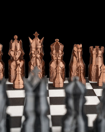 MJR Crafted copper and grey 3D printed chess set with unique king and queen pieces. Travel game.