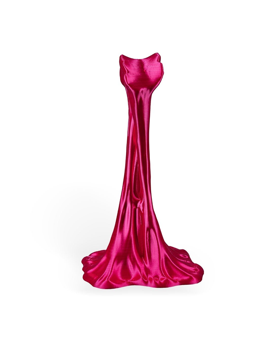 MJR Crafted pink metallic headphone stand with a flowing, draped design resembling a dress.