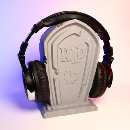 MJR Crafted Tombstone Headphone Stand with RIP and skull design, grey 3D printed.